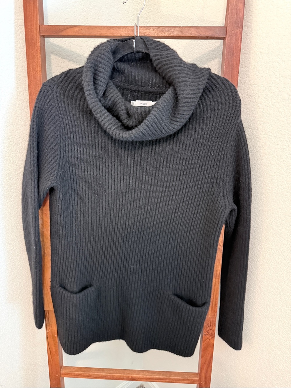 Vince Ribbed Cowl Neck Tunic Sweater with Pockets Black Oversized